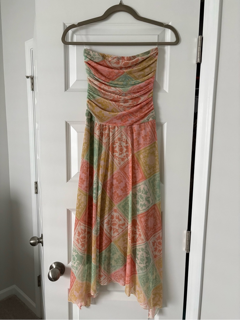 See You Monday Strapless Patchwork Maxi Dress in Coral, Mint & Mustard
